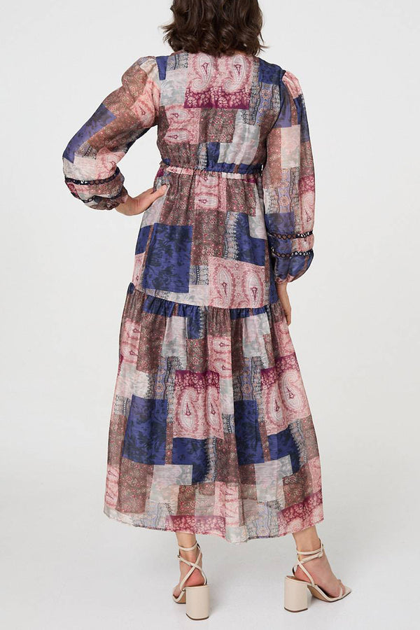 MULTI NAVY | Patchwork Print Empire V-Neck Maxi Dress