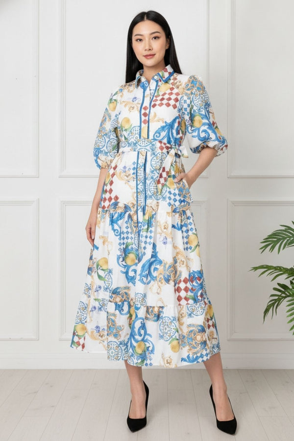 Printed 3/4 Puff Sleeve Tie Midi Dress | MULTI_WHITE