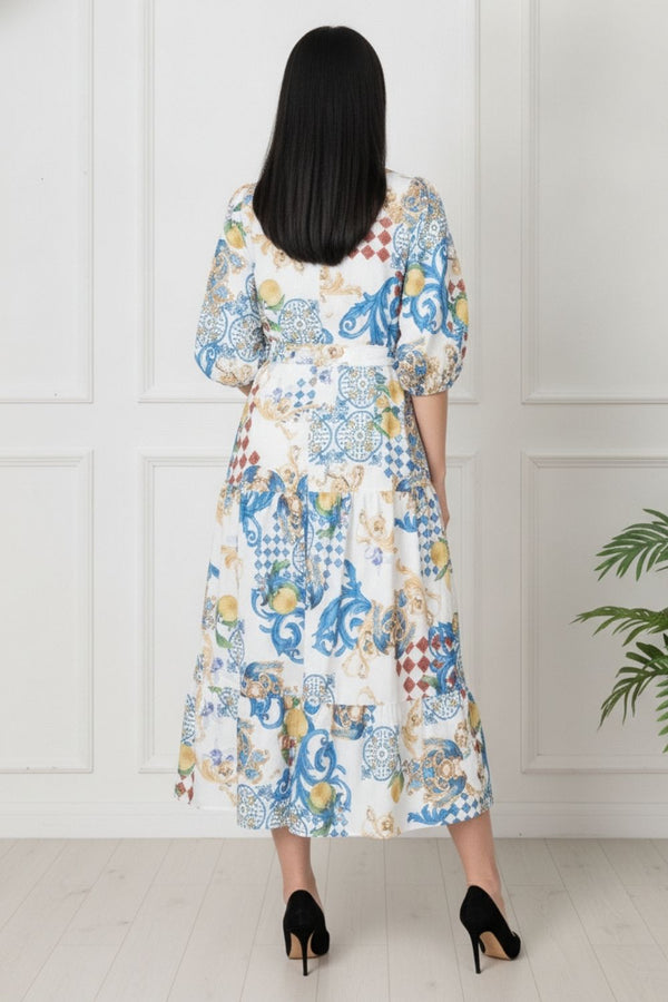 Printed 3/4 Puff Sleeve Tie Midi Dress | MULTI_WHITE