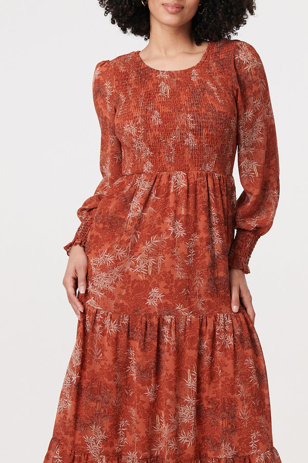 MULTI ORANGE | Printed Puff Sleeve Smocked Maxi Dress