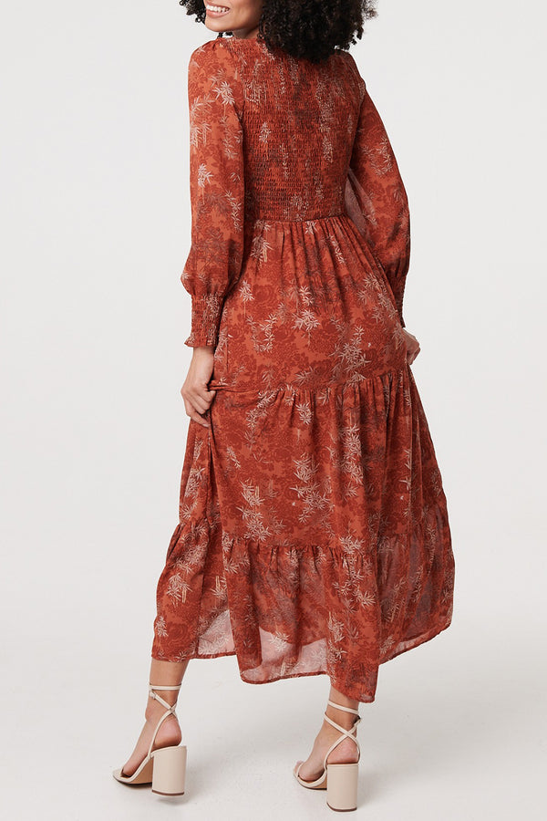 MULTI ORANGE | Printed Puff Sleeve Smocked Maxi Dress