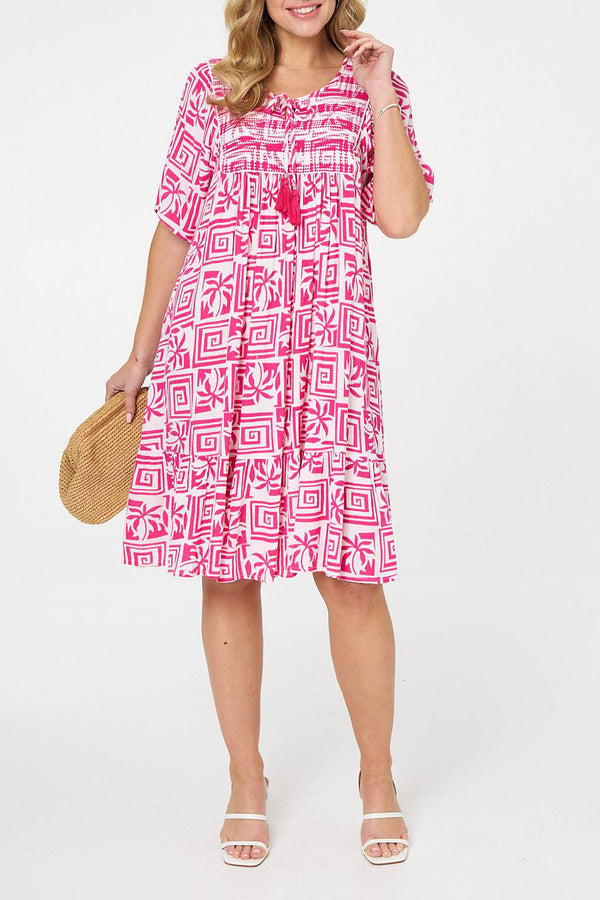 Printed Relaxed Knee Length Smock Dress| PINK