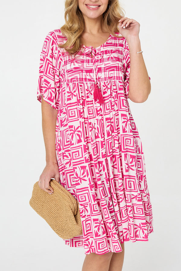 Printed Relaxed Knee Length Smock Dress| PINK