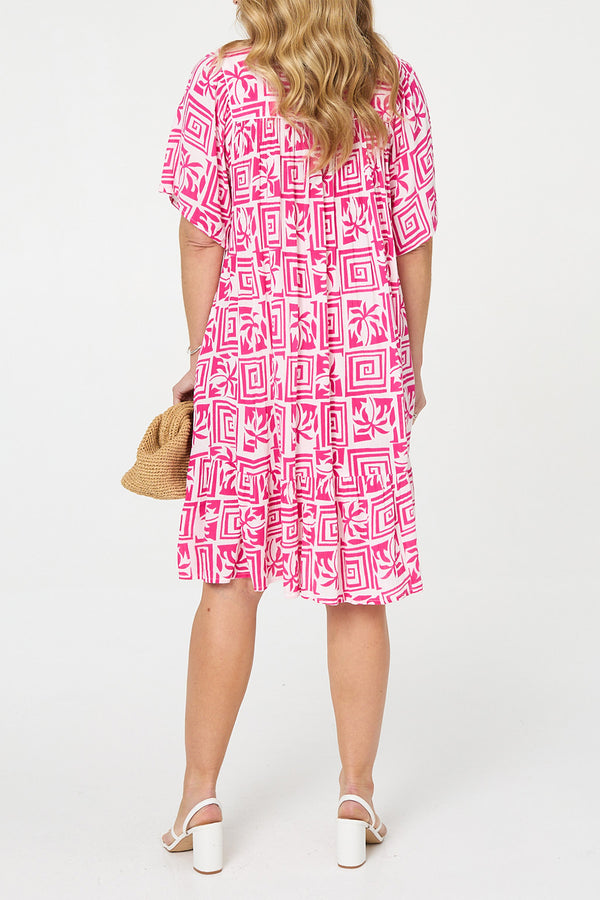 Printed Relaxed Knee Length Smock Dress| PINK