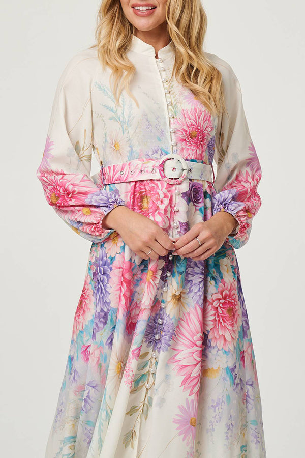 CREAM | Border Print High Neck Belt Midi Dress