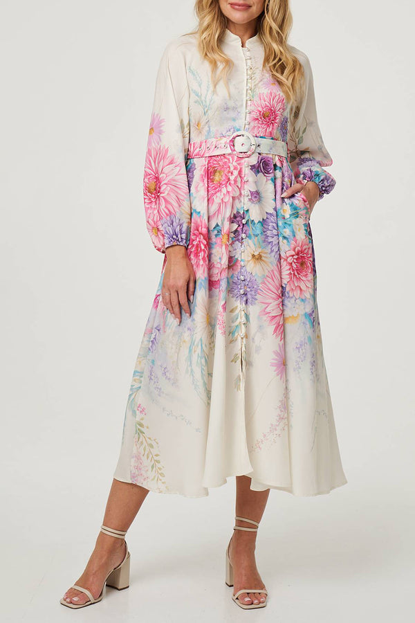 CREAM | Border Print High Neck Belt Midi Dress