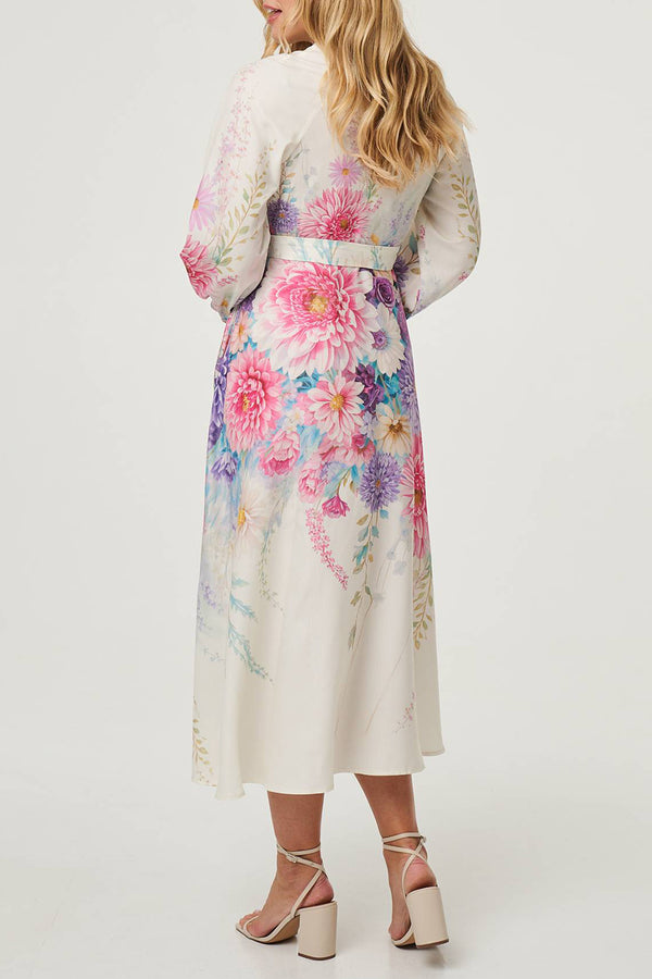 CREAM | Border Print High Neck Belt Midi Dress