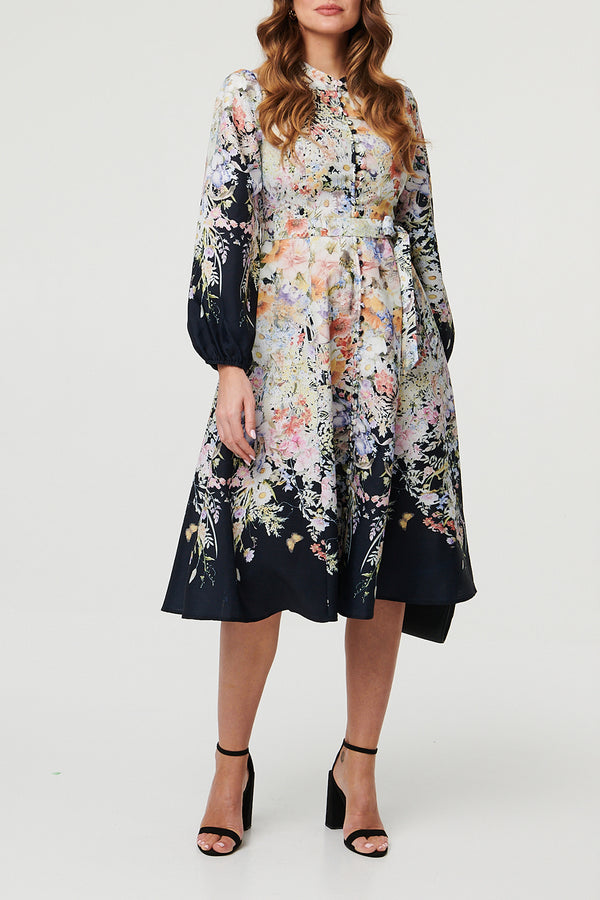 BALCK / Floral Long Sleeve Midi Shirt Dress 