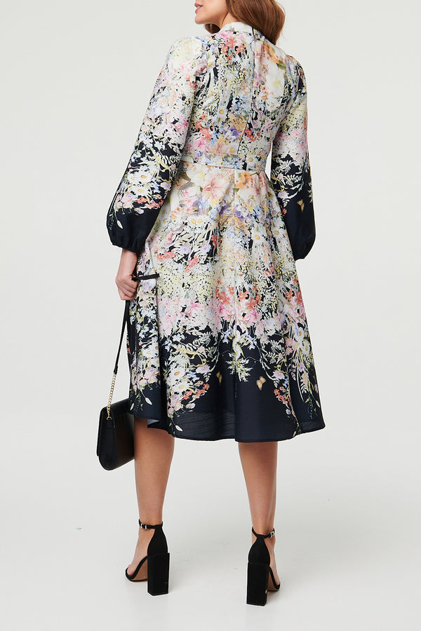 BALCK / Floral Long Sleeve Midi Shirt Dress 