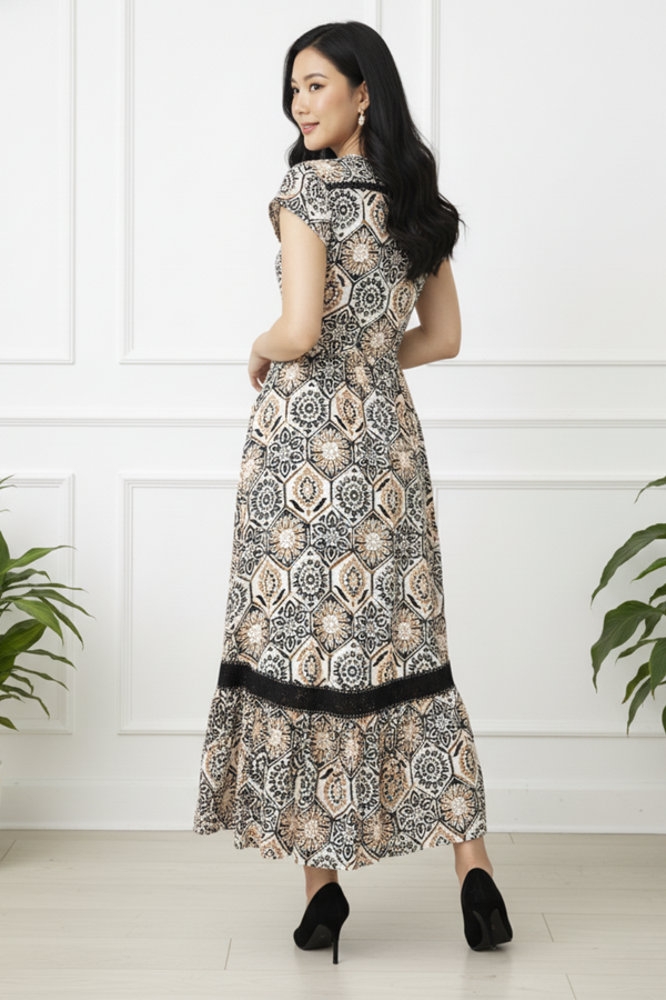 Printed Cap Sleeve V-Neck Maxi Dress | STONE