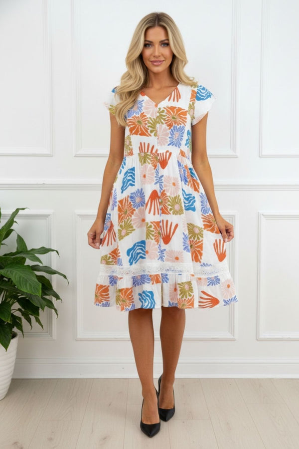 Printed Knee Length Cap Sleeve Dress