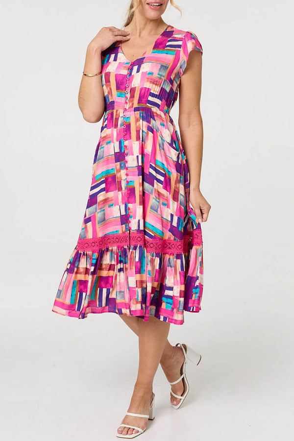 Geo Print Cap Sleeve Lace Midi Dress| PINK