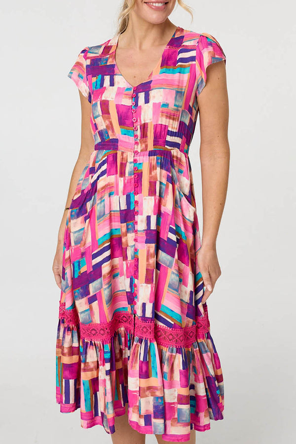 Geo Print Cap Sleeve Lace Midi Dress| PINK