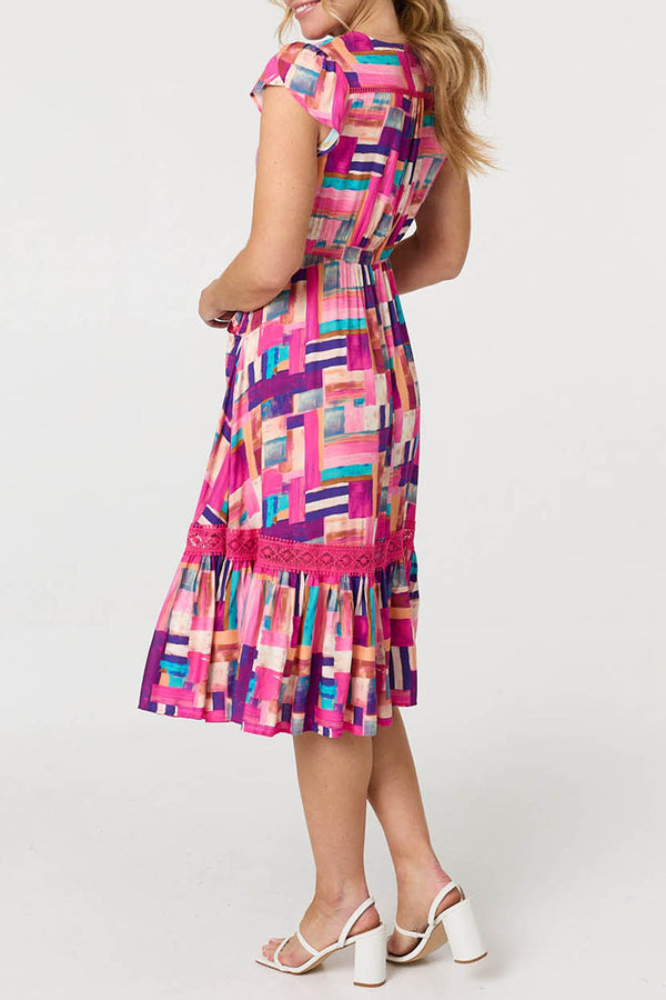 Geo Print Cap Sleeve Lace Midi Dress| PINK
