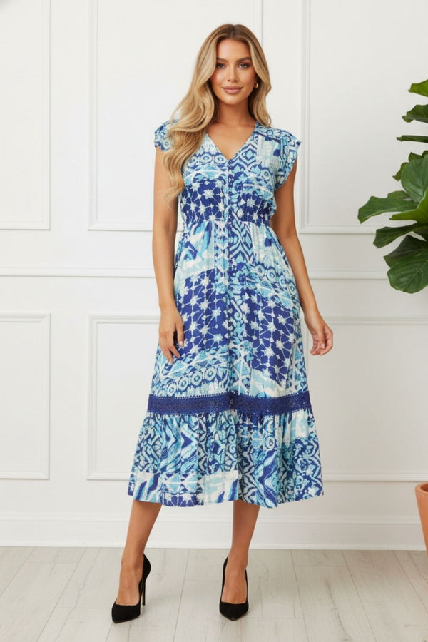 Abstract Cap Sleeve Lace Trim Midi Dress| BLUE