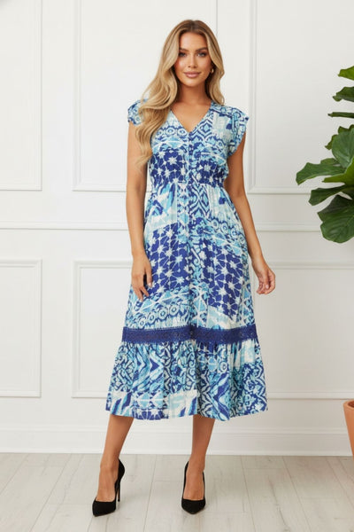 Abstract Cap Sleeve Lace Trim Midi Dress| BLUE