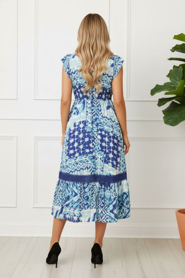 Abstract Cap Sleeve Lace Trim Midi Dress| BLUE