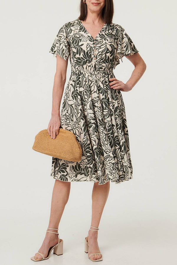 Leaf Print Shirred Knee Length Dress| KHAKI