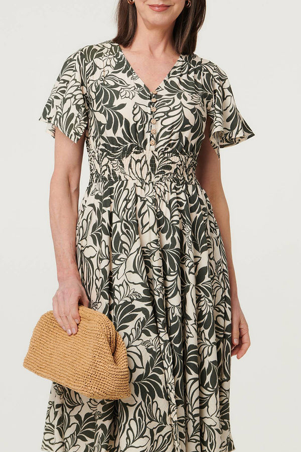 Leaf Print Shirred Knee Length Dress| KHAKI