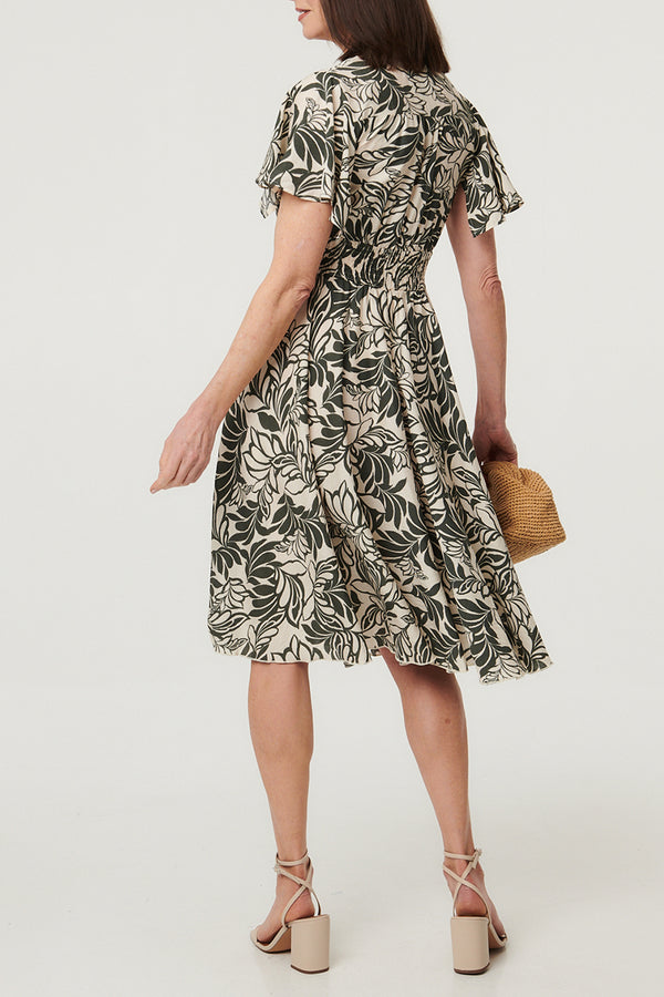 Leaf Print Shirred Knee Length Dress| KHAKI