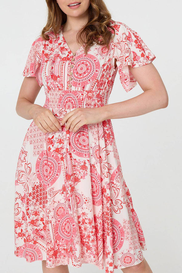 ORANGE | Paisley Angel Sleeve Knee Length Dress