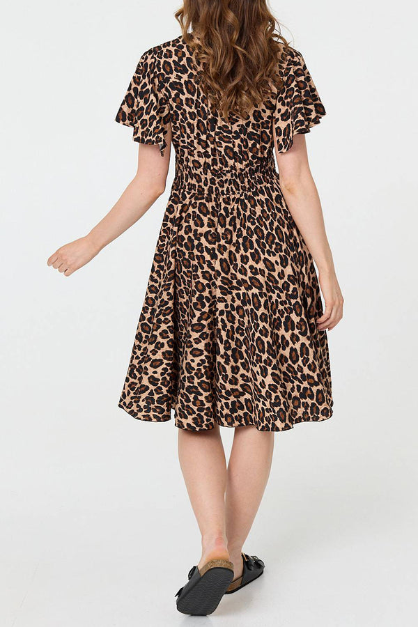 BEIGE | Animal Print Shirred Knee Length Dress