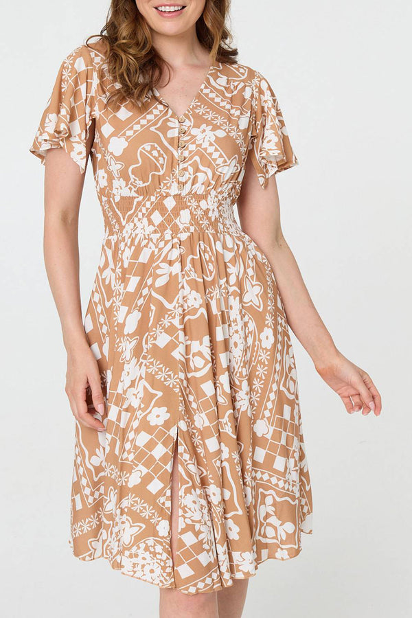 BROWN | Printed Shirred V-Neck Knee Length Dress