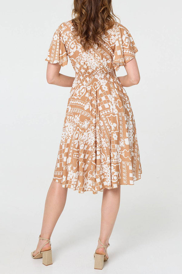 BROWN | Printed Shirred V-Neck Knee Length Dress