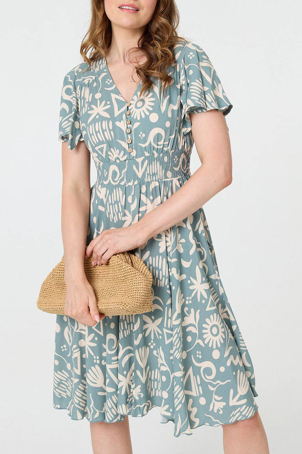 SAGE | Printed Angel Sleeve Knee Length Dress