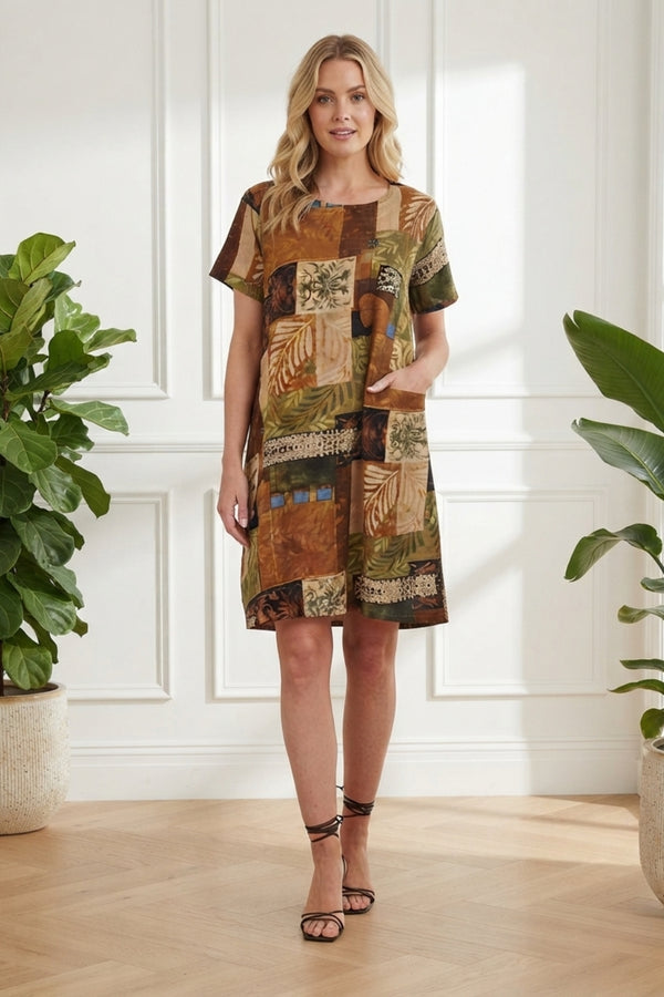 Patchwork Knee Length Shift Dress| MULTIBROWN