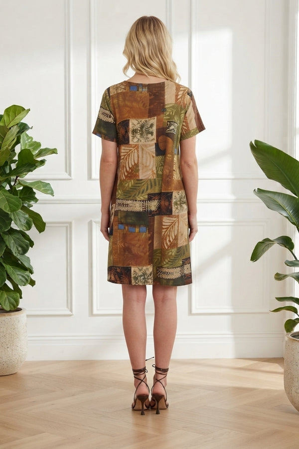 Patchwork Knee Length Shift Dress| MULTIBROWN