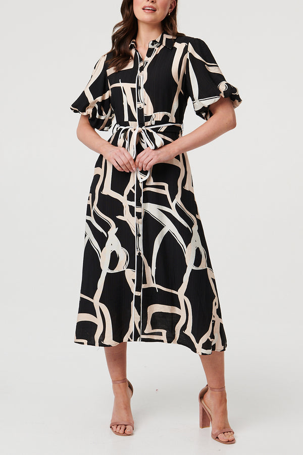 Abstract 1/2 Puff Sleeve Midi Dress| BLACK