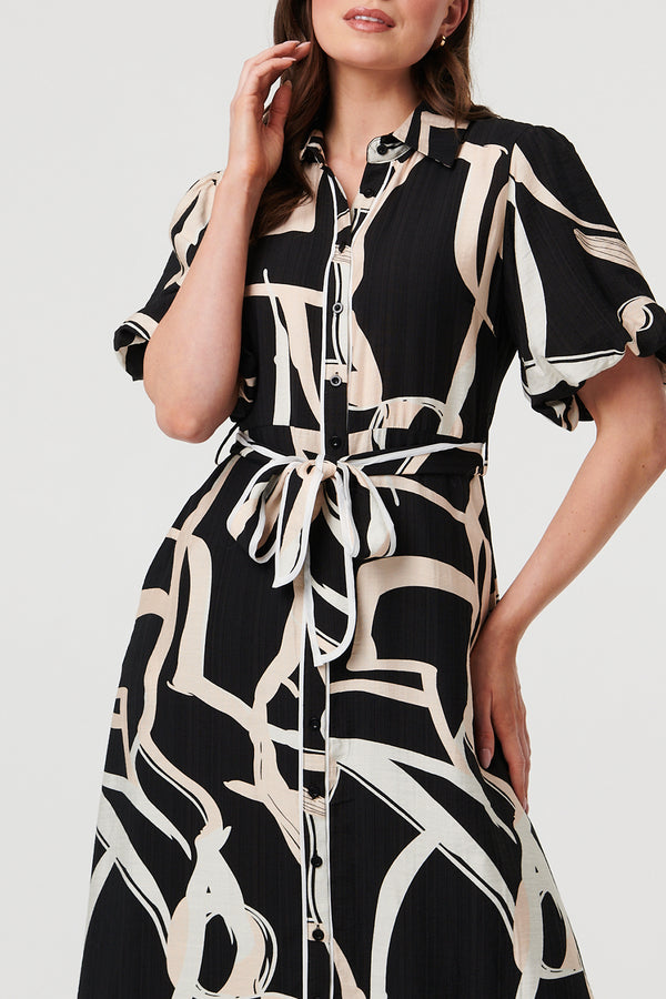 Abstract 1/2 Puff Sleeve Midi Dress| BLACK