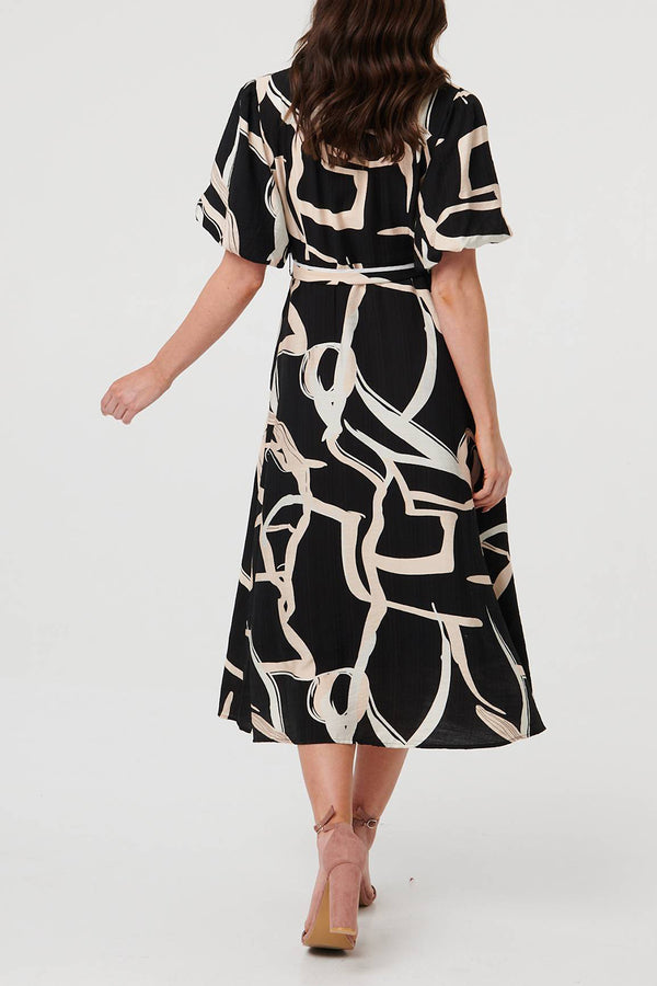 Abstract 1/2 Puff Sleeve Midi Dress| BLACK