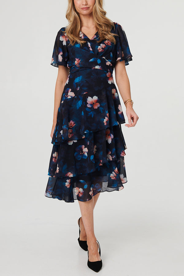 NAVY | Floral Asymmetric Tiered Midi Dress