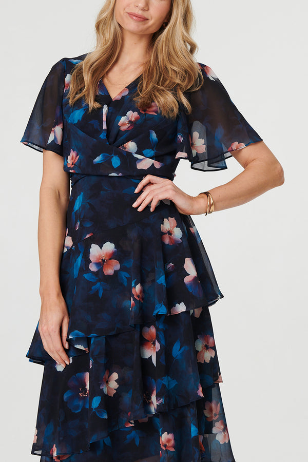 NAVY | Floral Asymmetric Tiered Midi Dress