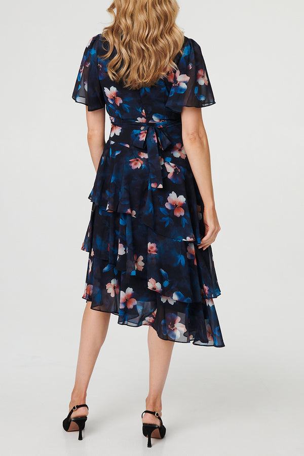 NAVY | Floral Asymmetric Tiered Midi Dress