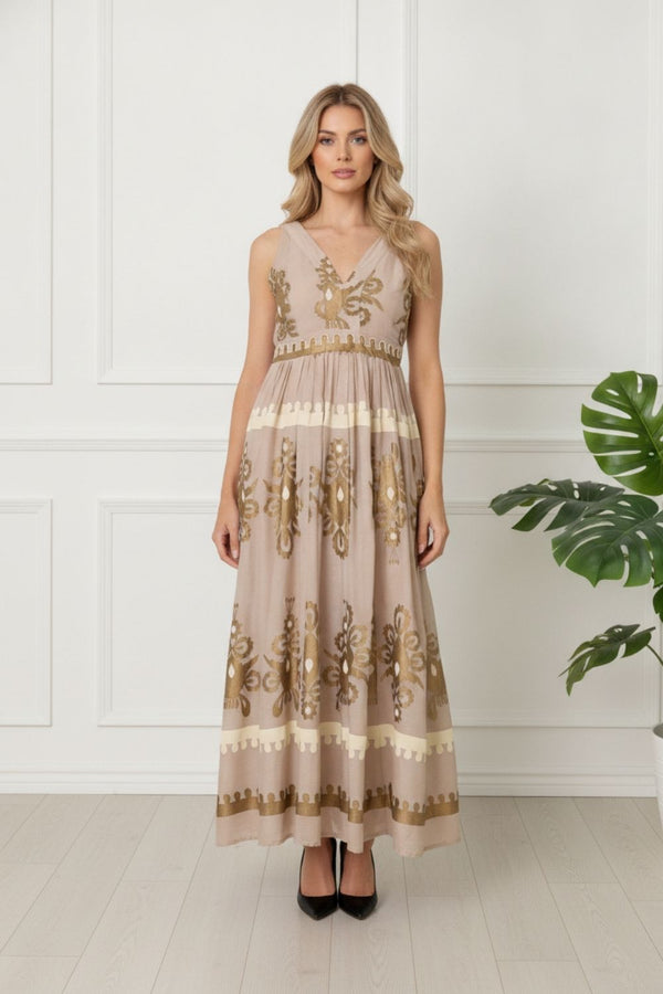 Metallic Trim Sleeveless Maxi Dress| BROWN