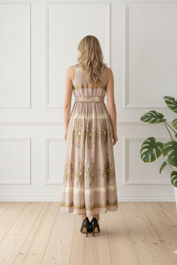 Metallic Trim Sleeveless Maxi Dress| BROWN