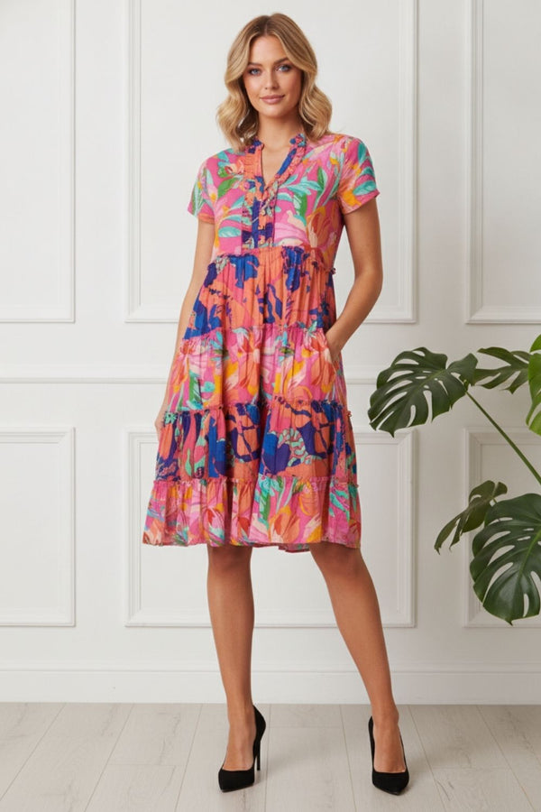 Floral V-Neck Knee Length Dress | MULTIPINK