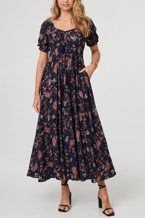 Leaf Print Short Puff Sleeve Maxi Dress| NAVY