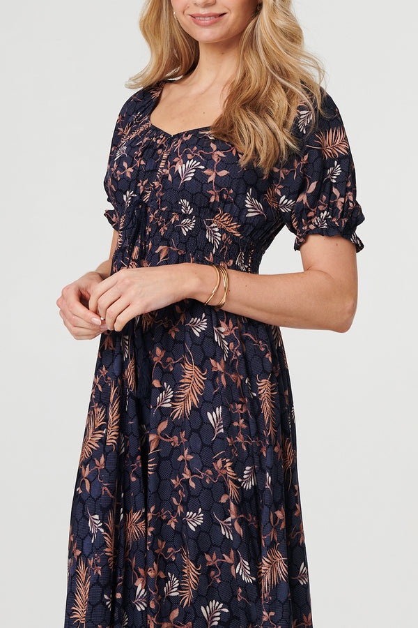Leaf Print Short Puff Sleeve Maxi Dress| NAVY