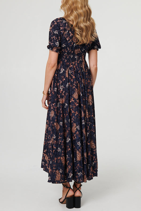 Leaf Print Short Puff Sleeve Maxi Dress| NAVY