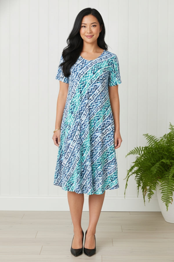 Abstract Short Sleeve Relaxed Midi Dress| MULTI_BLUE