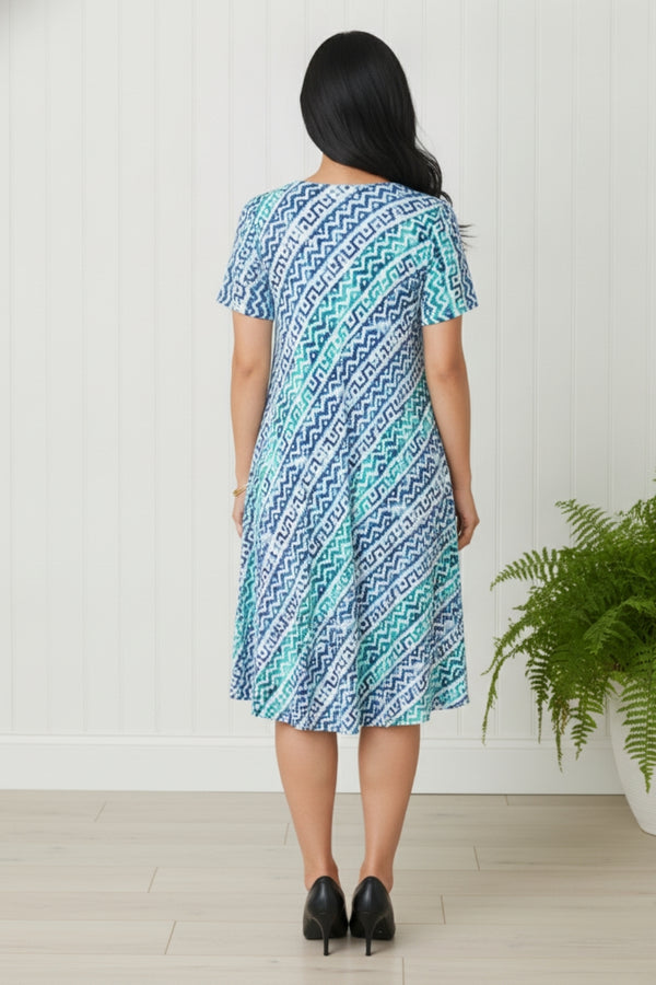 Abstract Short Sleeve Relaxed Midi Dress| MULTI_BLUE
