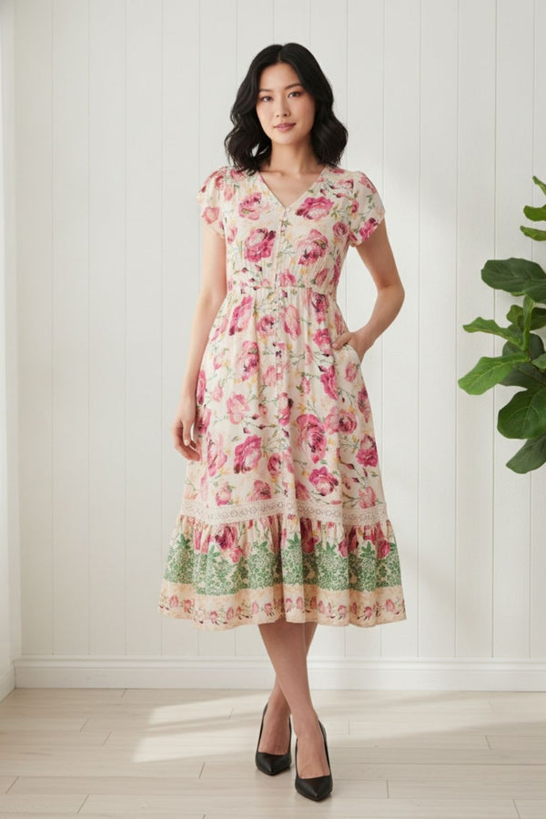 Floral Cap Sleeve V-Neck Lace Midi Dress | MULTI_PINK