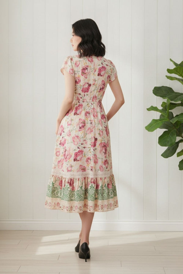 Floral Cap Sleeve V-Neck Lace Midi Dress | MULTI_PINK