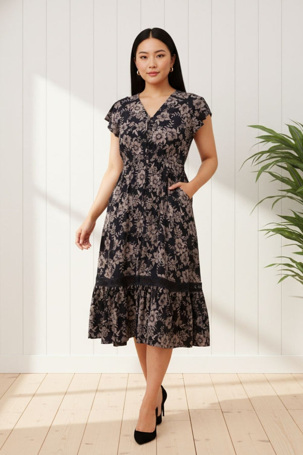 Floral Cap Sleeve Relaxed Midi Dress | NAVY