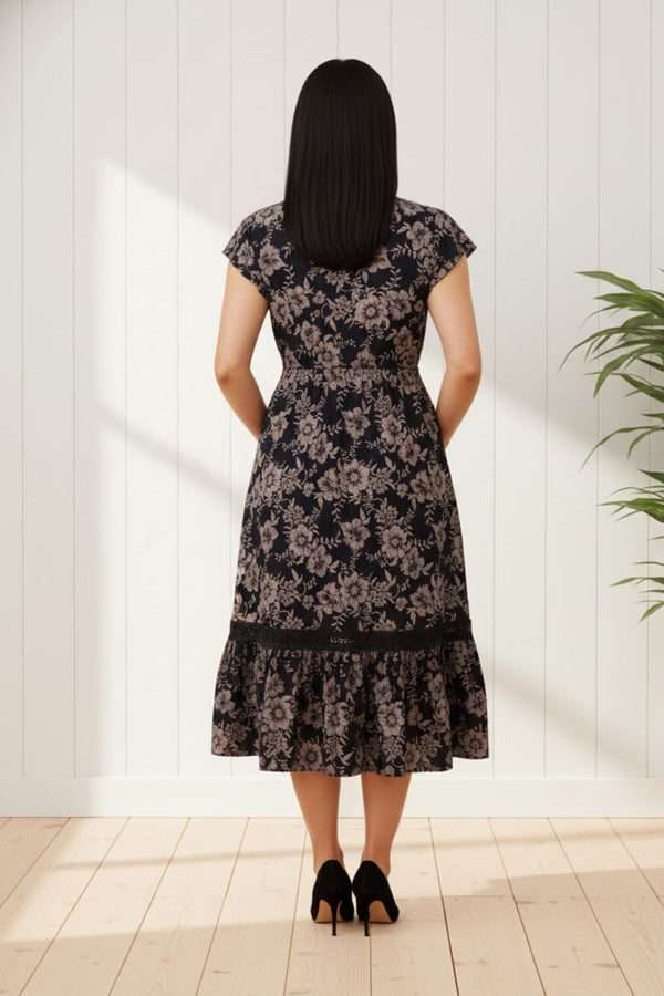 Floral Cap Sleeve Relaxed Midi Dress | NAVY