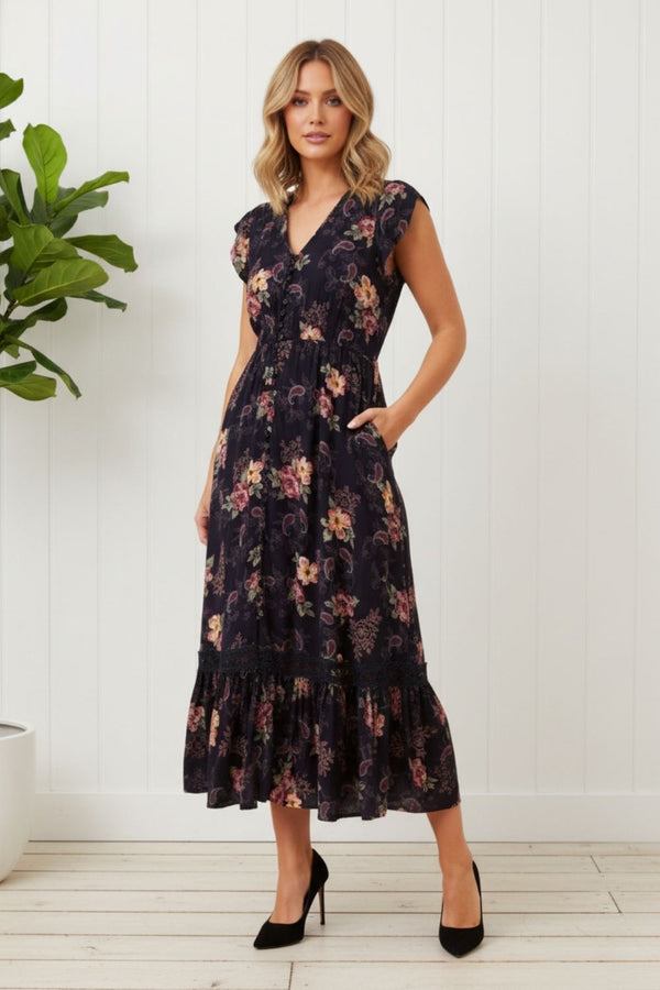 Floral Cap Sleeved Lace Trim Midi Dress| NAVY